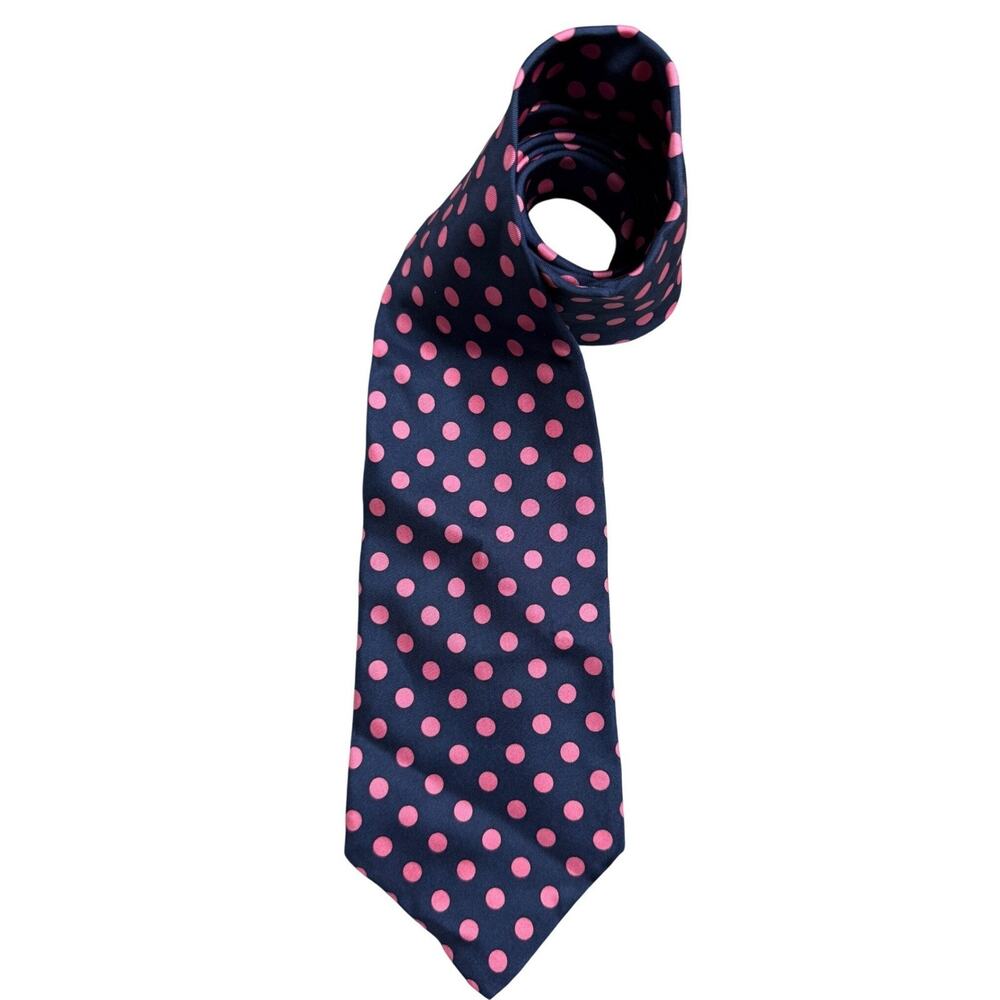 Andrew Scott Handmade Silk Tie Navy Pink Polka Dot Mens Necktie